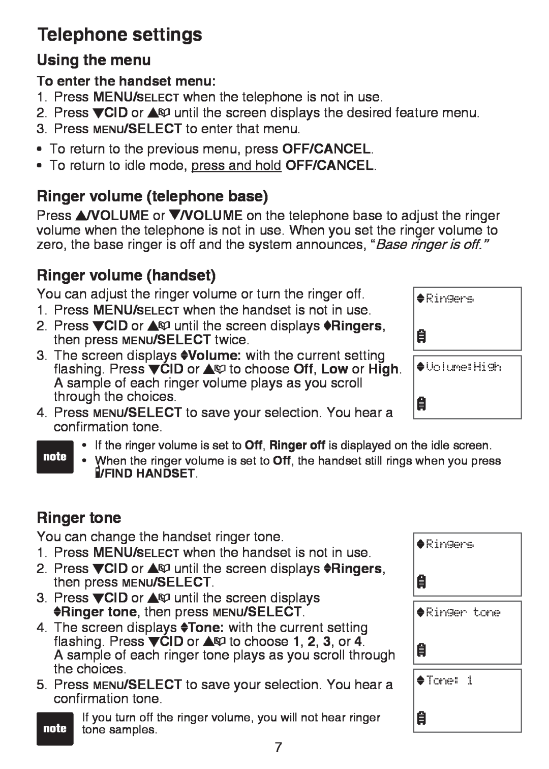 VTech CS6124-2 Telephone settings, Using the menu, Ringer volume telephone base, Ringer volume handset, Ringer tone 
