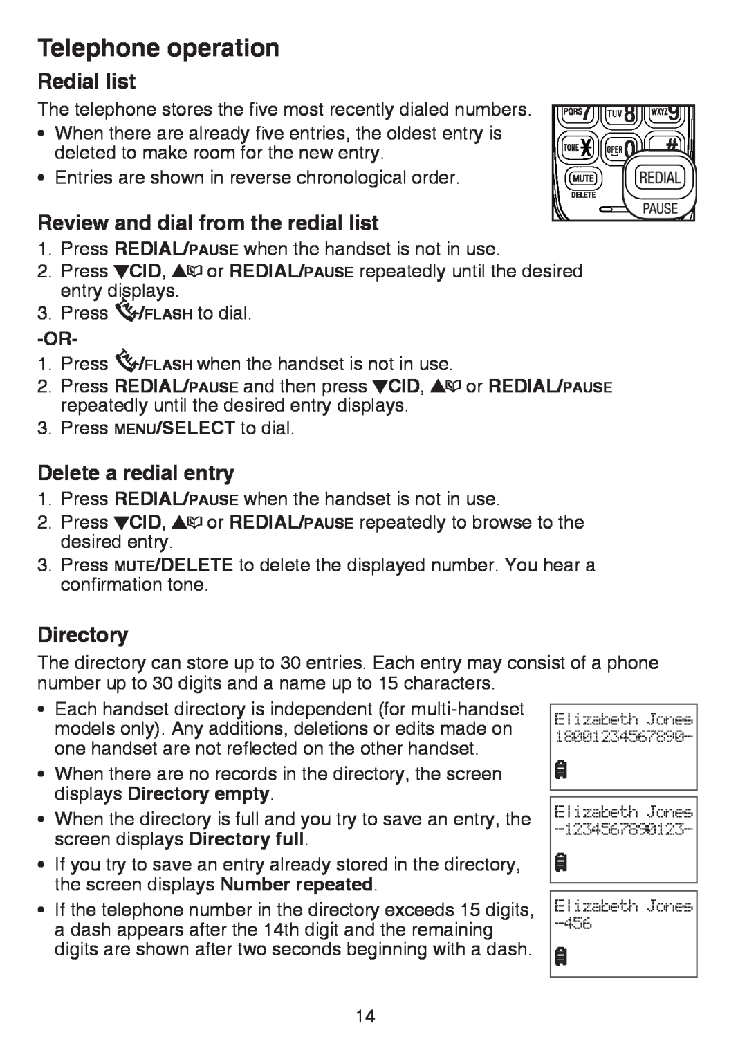 VTech CS6124-11 Redial list, Review and dial from the redial list, Delete a redial entry, Directory, Telephone operation 