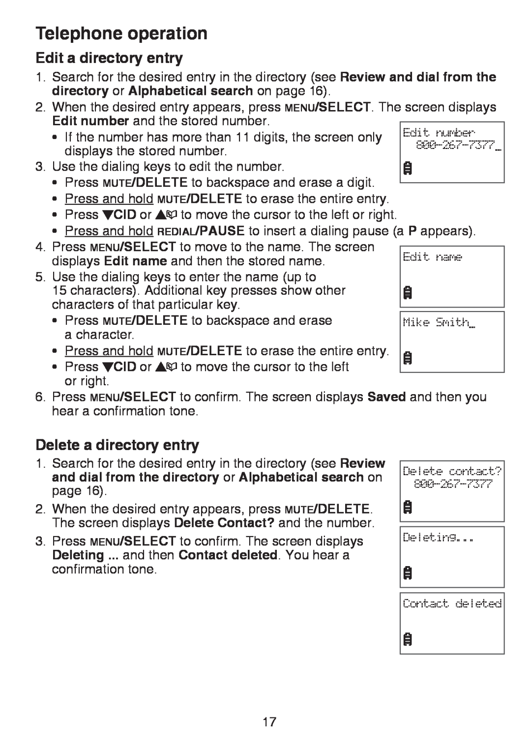 VTech CS6124-2 Edit a directory entry, Delete a directory entry, Telephone operation, Edit number, Edit name Mike Smith 