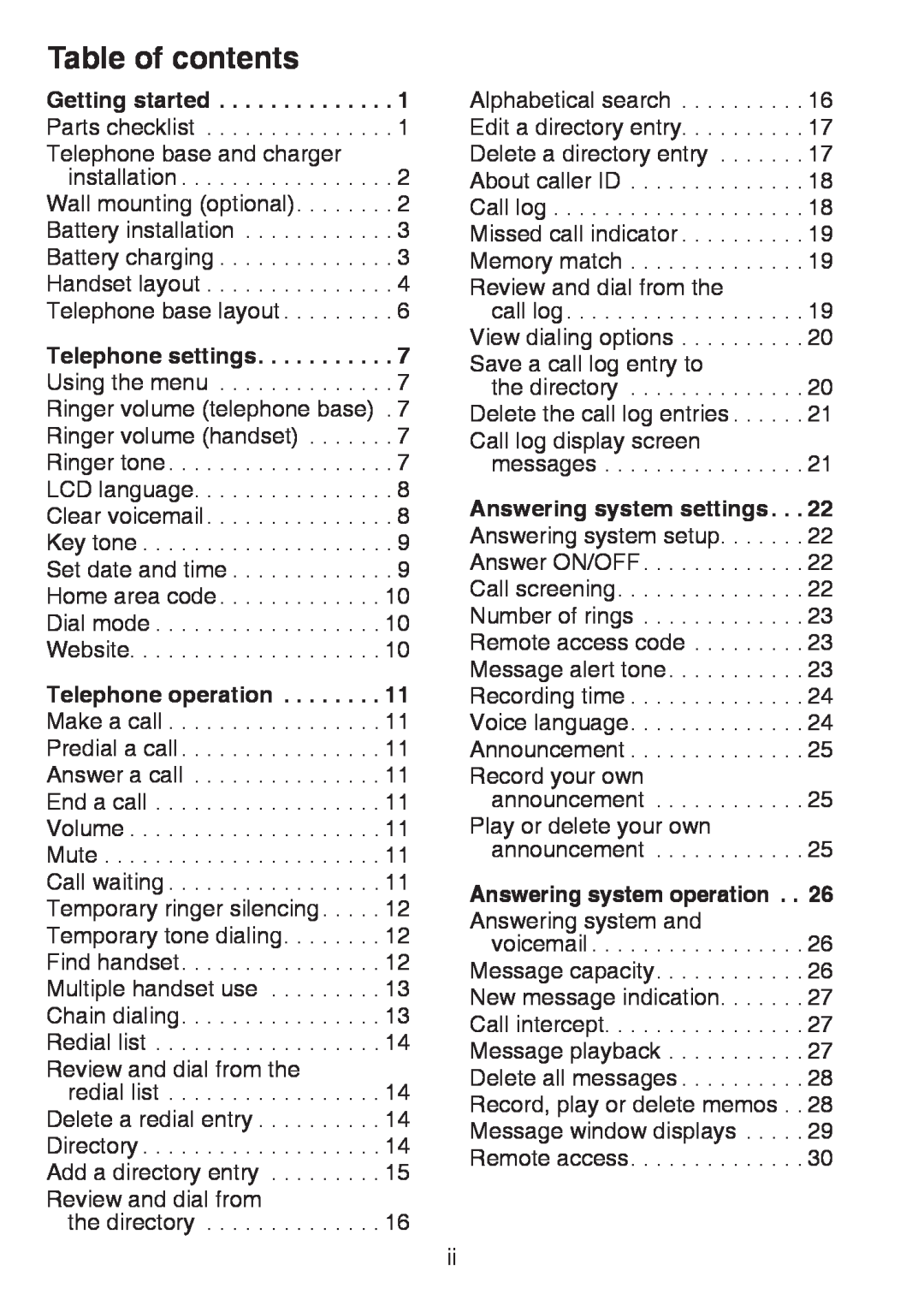 VTech CS6124-11, CS6124-21, CS6124-31 Table of contents, Answering system operation . . 26 Answering system and 