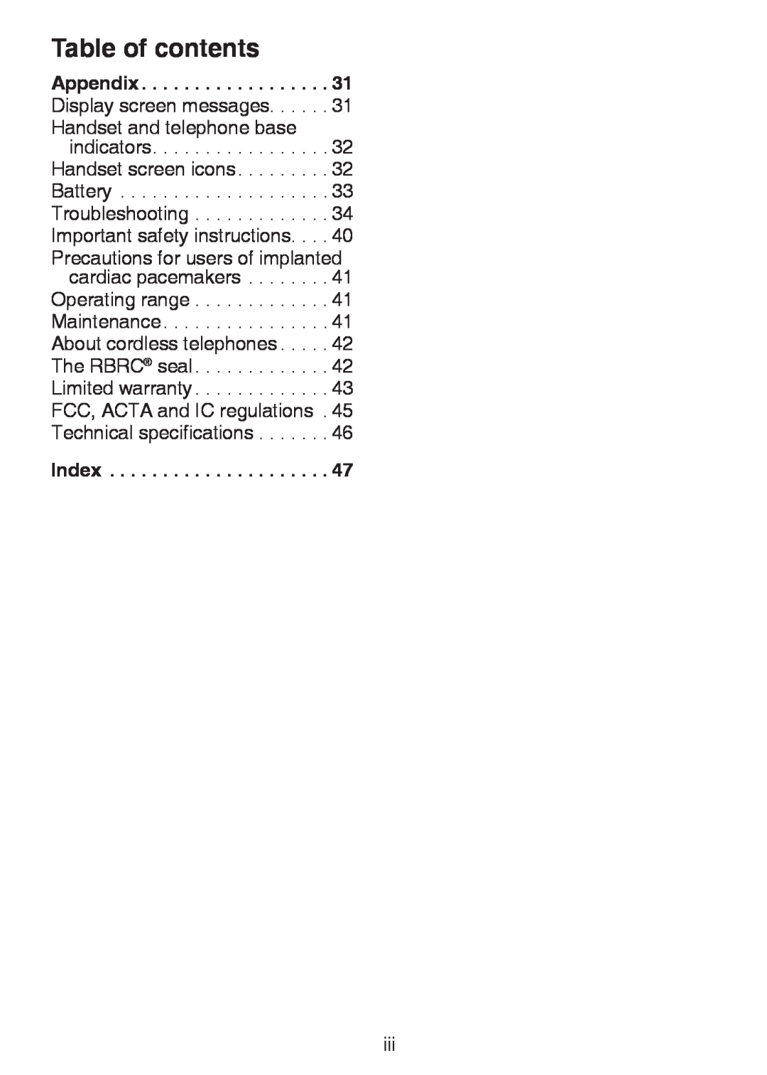 VTech CS6124-31, CS6124-21, CS6124-11 user manual Index, Table of contents 