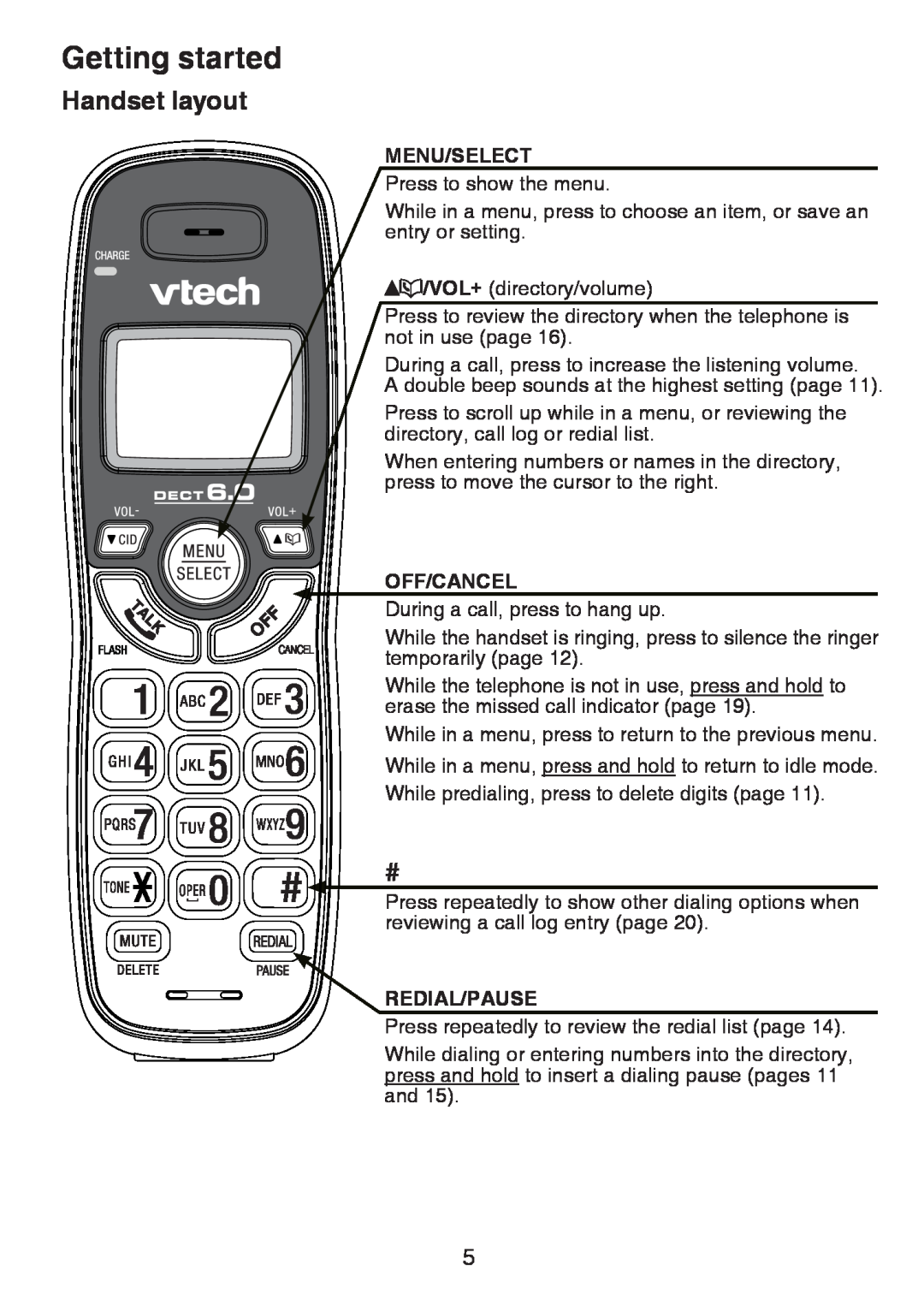 VTech CS6124-31, CS6124-21, CS6124-11 user manual Getting started, Handset layout, Menu/Select, Off/Cancel, Redial/Pause 