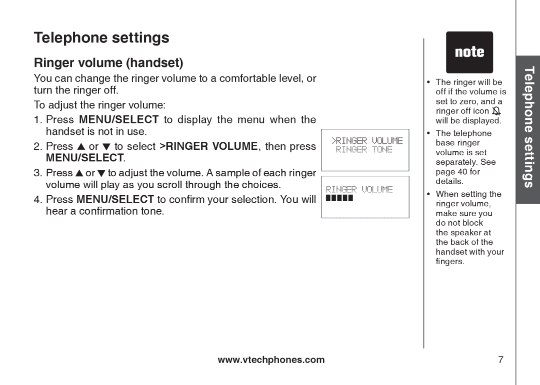 VTech CS6128-31, CS6129-32, CS6129-2, CS6129-52, CS6129-41, CS6129-54, CS6129-31 Telephone settings, Ringer volume handset 