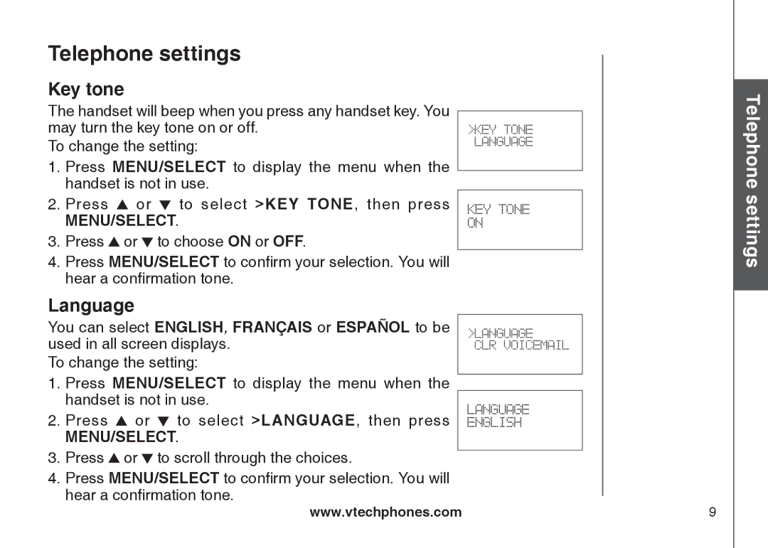 VTech CS6129-2, CS6129-32, CS6128-31, CS6129-52, CS6129-41, CS6129-54, CS6129-31, CS6128-42 user manual Key tone, Language 