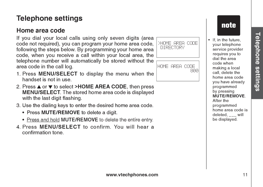 VTech CS6129-41, CS6129-32, CS6128-31, CS6129-2, CS6129-52, CS6129-54, CS6129-31, CS6128-42 user manual Home area code 