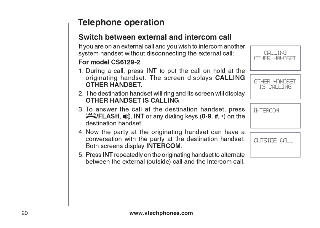 VTech CS6129-52, CS6129-32, CS6128-31, CS6129-2, CS6129-41, CS6129-54, CS6129-31 Switch between external and intercom call 