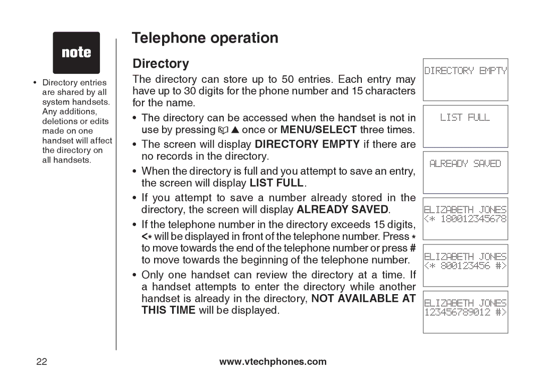 VTech CS6129-32, CS6128-31, CS6129-2, CS6129-52, CS6129-41, CS6129-54, CS6129-31, CS6128-42 user manual Directory 