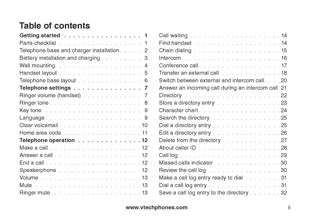 VTech CS6129-2, CS6129-32, CS6128-31, CS6129-52, CS6129-41, CS6129-54, CS6129-31, CS6128-42 user manual Table of contents 