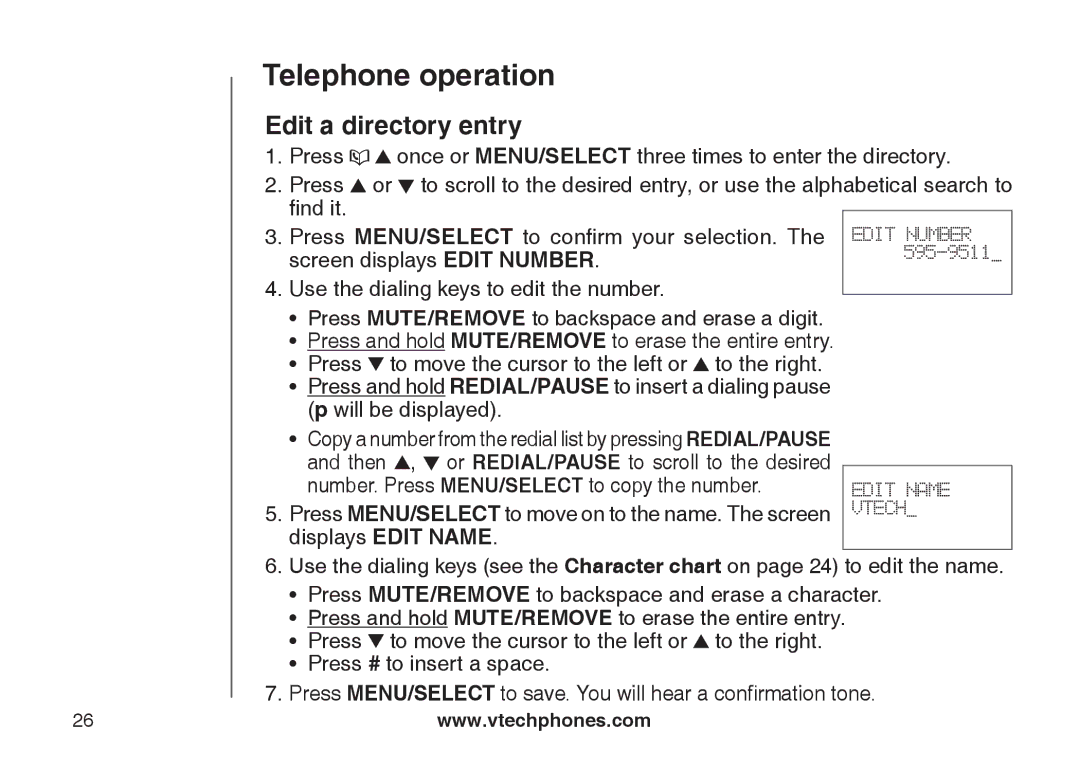 VTech CS6129-32, CS6128-31, CS6129-2, CS6129-52, CS6129-41, CS6129-54, CS6129-31, CS6128-42 user manual Edit a directory entry 