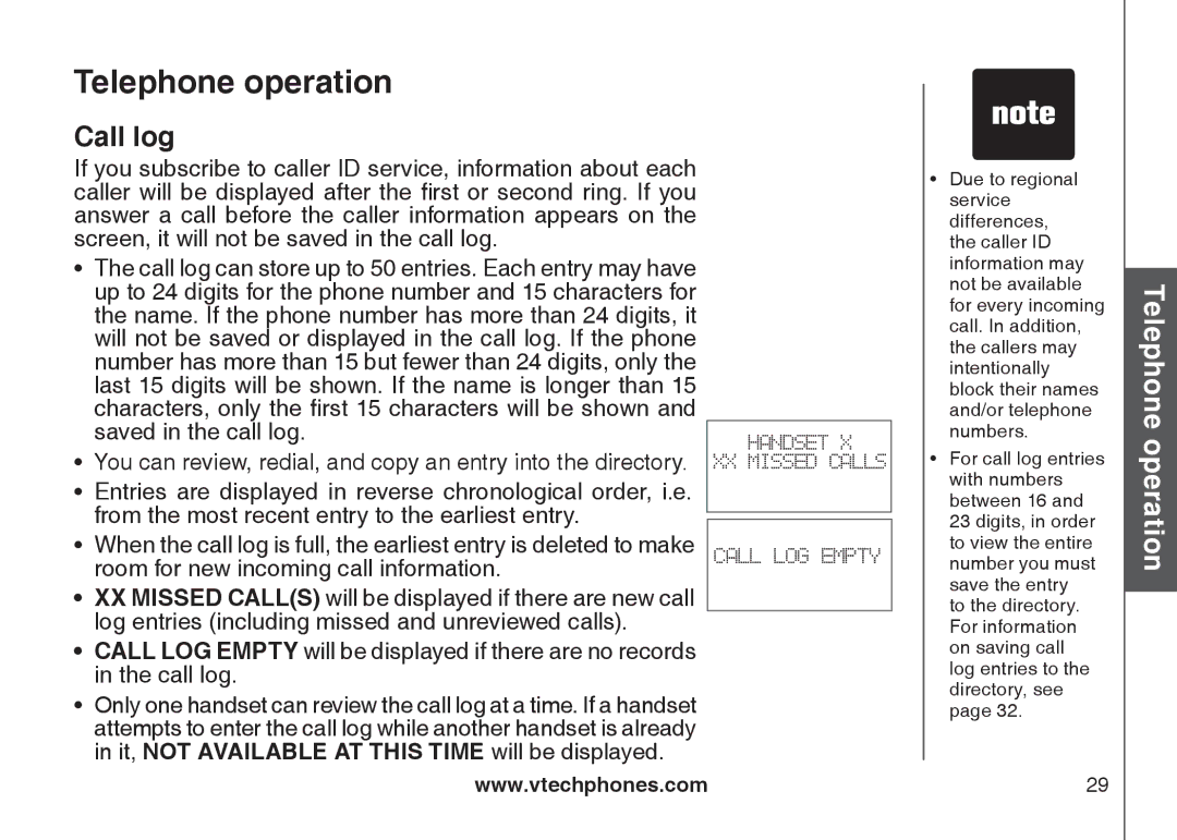 VTech CS6129-2, CS6129-32, CS6128-31, CS6129-52, CS6129-41, CS6129-54, CS6129-31, CS6128-42 user manual Call log 