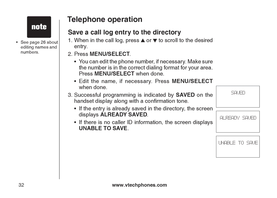 VTech CS6129-32, CS6128-31, CS6129-2, CS6129-52, CS6129-41, CS6129-54, CS6129-31 Save a call log entry to the directory 