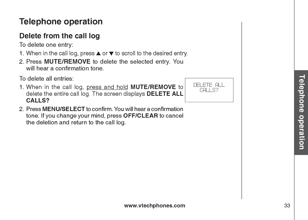 VTech CS6129-54, CS6129-32, CS6128-31, CS6129-2, CS6129-52, CS6129-41, CS6129-31, CS6128-42 Delete from the call log, Calls? 