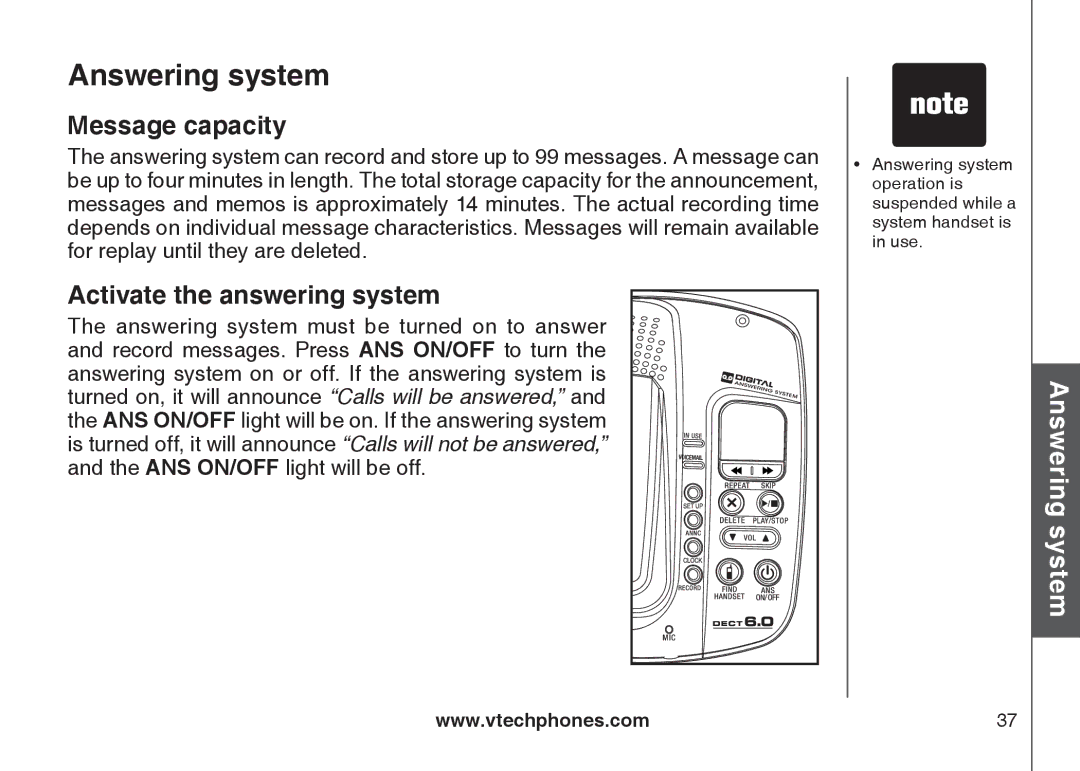 VTech CS6128-31, CS6129-32, CS6129-2, CS6129-52, CS6129-41, CS6129-54 Message capacity, Activate the answering system 