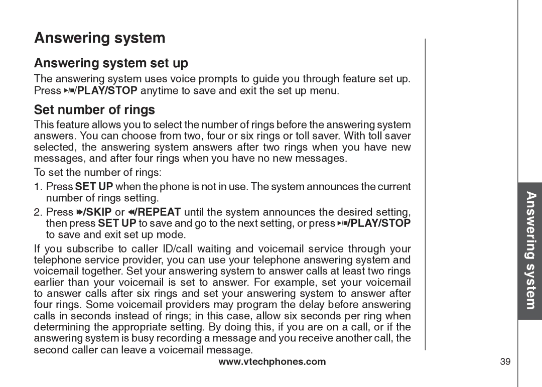 VTech CS6129-2, CS6129-32, CS6128-31, CS6129-52, CS6129-41, CS6129-54, CS6129-31 Answering system set up, Set number of rings 