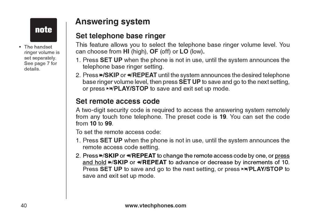 VTech CS6129-52, CS6129-32, CS6128-31, CS6129-2, CS6129-41, CS6129-54 Set telephone base ringer, Set remote access code 