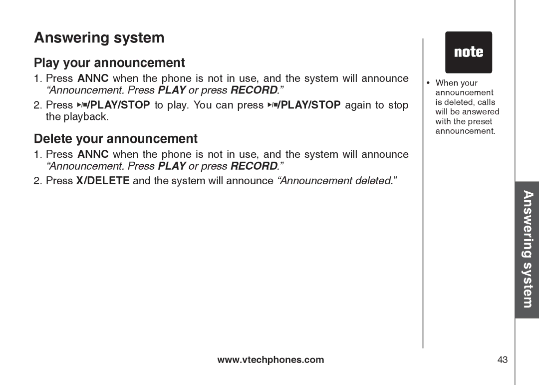 VTech CS6129-54, CS6129-32, CS6128-31, CS6129-2, CS6129-52, CS6129-41 Play your announcement, Delete your announcement 