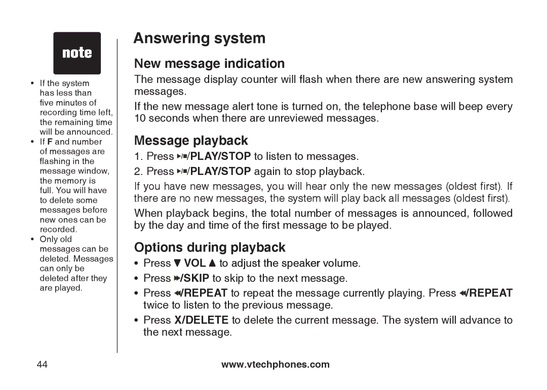 VTech CS6129-31, CS6129-32, CS6128-31, CS6129-2, CS6129-52 New message indication, Message playback, Options during playback 