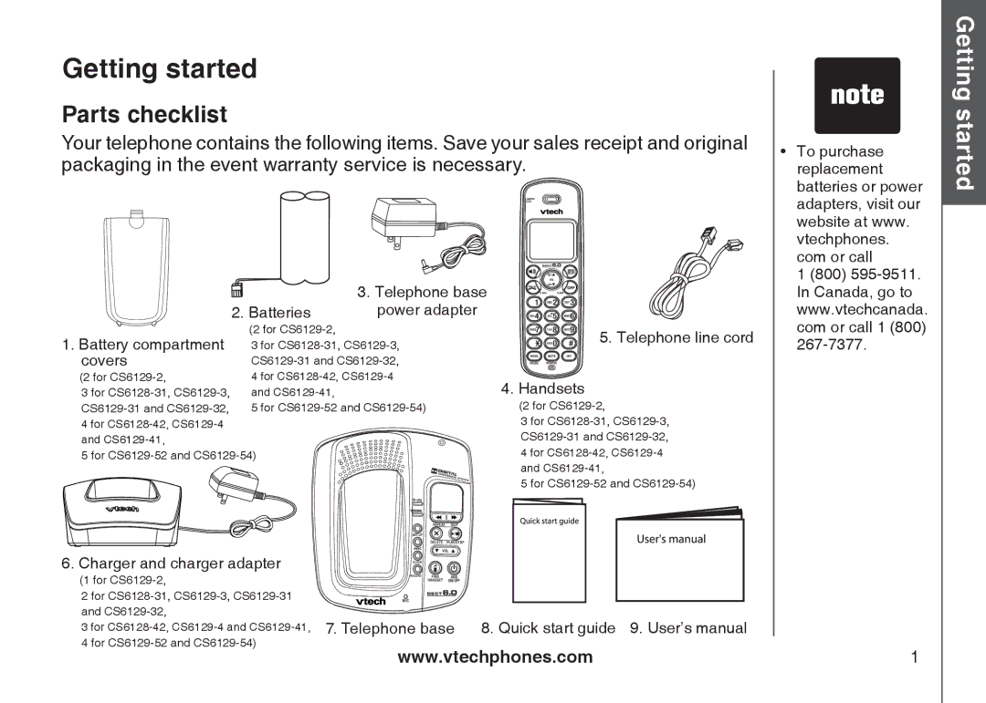 VTech CS6129-41, CS6129-32, CS6128-31, CS6129-2, CS6129-52, CS6129-54, CS6129-31, CS6128-42 Getting started, Parts checklist 