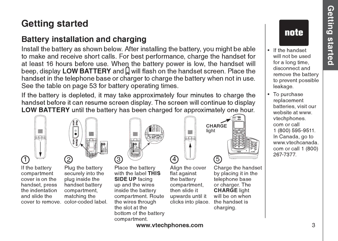 VTech CS6129-54, CS6129-32, CS6128-31, CS6129-2, CS6129-52, CS6129-41 Battery installation and charging, Side UP facing 