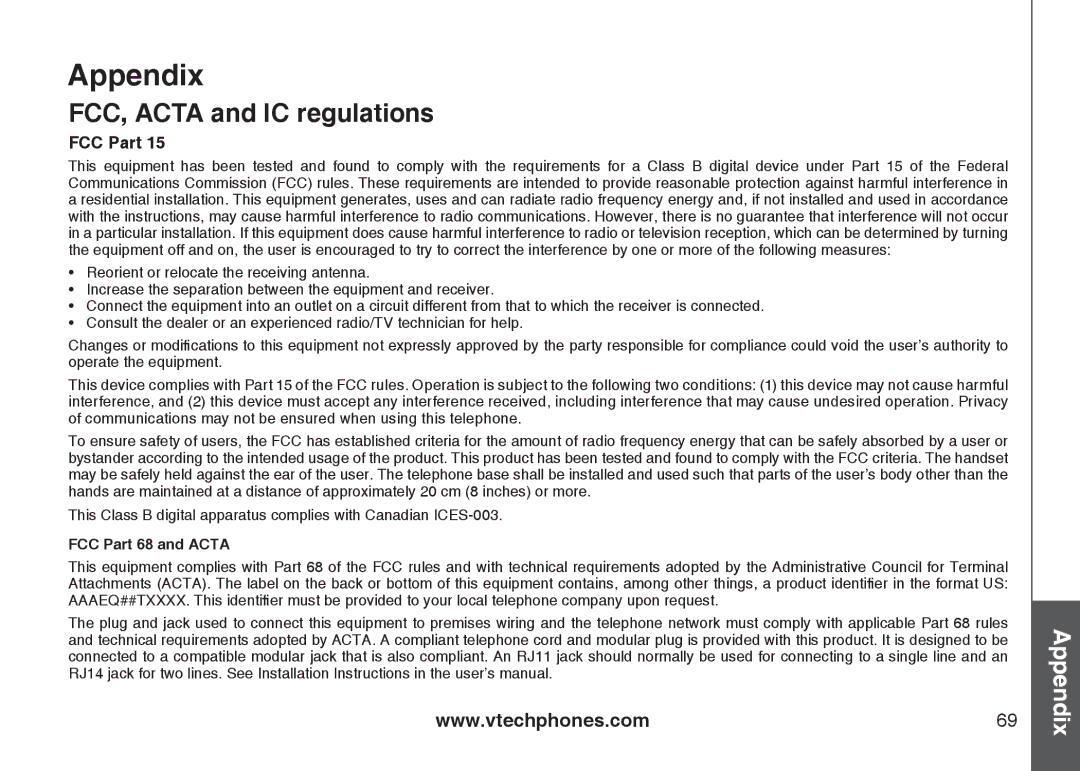 VTech CS6129-2, CS6129-32, CS6128-31, CS6129-52, CS6129-41, CS6129-54, CS6129-31 FCC, Acta and IC regulations, FCC Part 