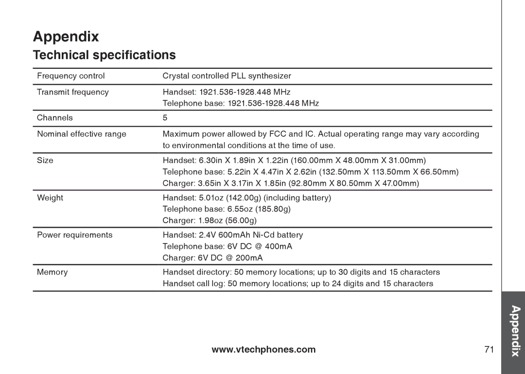 VTech CS6129-41, CS6129-32, CS6128-31, CS6129-2, CS6129-52, CS6129-54, CS6129-31, CS6128-42 user manual Technical specifications 