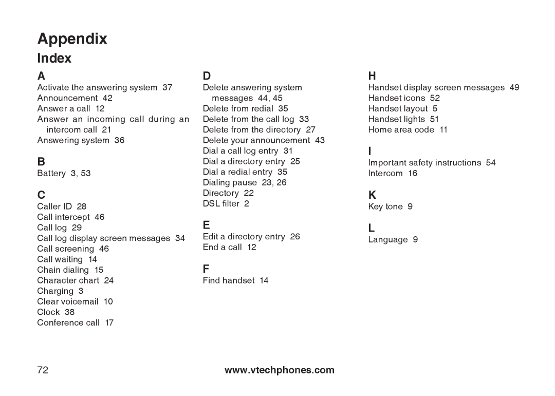 VTech CS6129-32, CS6128-31, CS6129-2, CS6129-52, CS6129-41, CS6129-54, CS6129-31, CS6128-42 user manual Index 