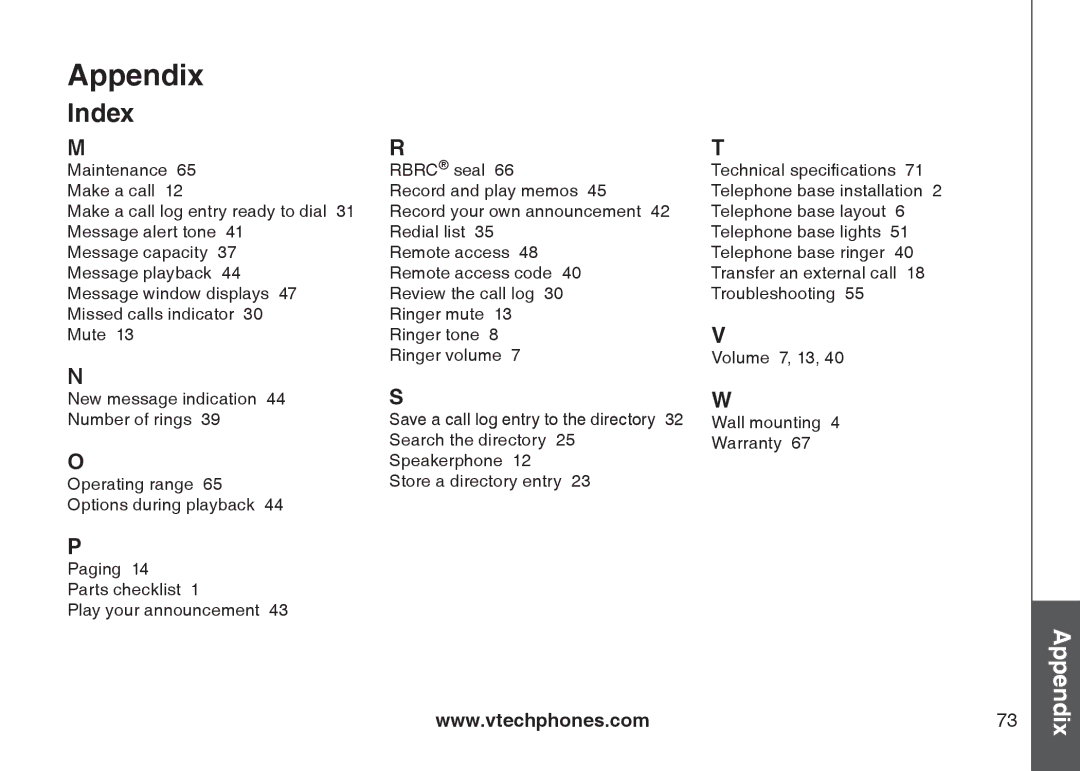 VTech CS6129-54, CS6129-32, CS6128-31, CS6129-2, CS6129-52, CS6129-41, CS6129-31, CS6128-42 user manual Appendix 