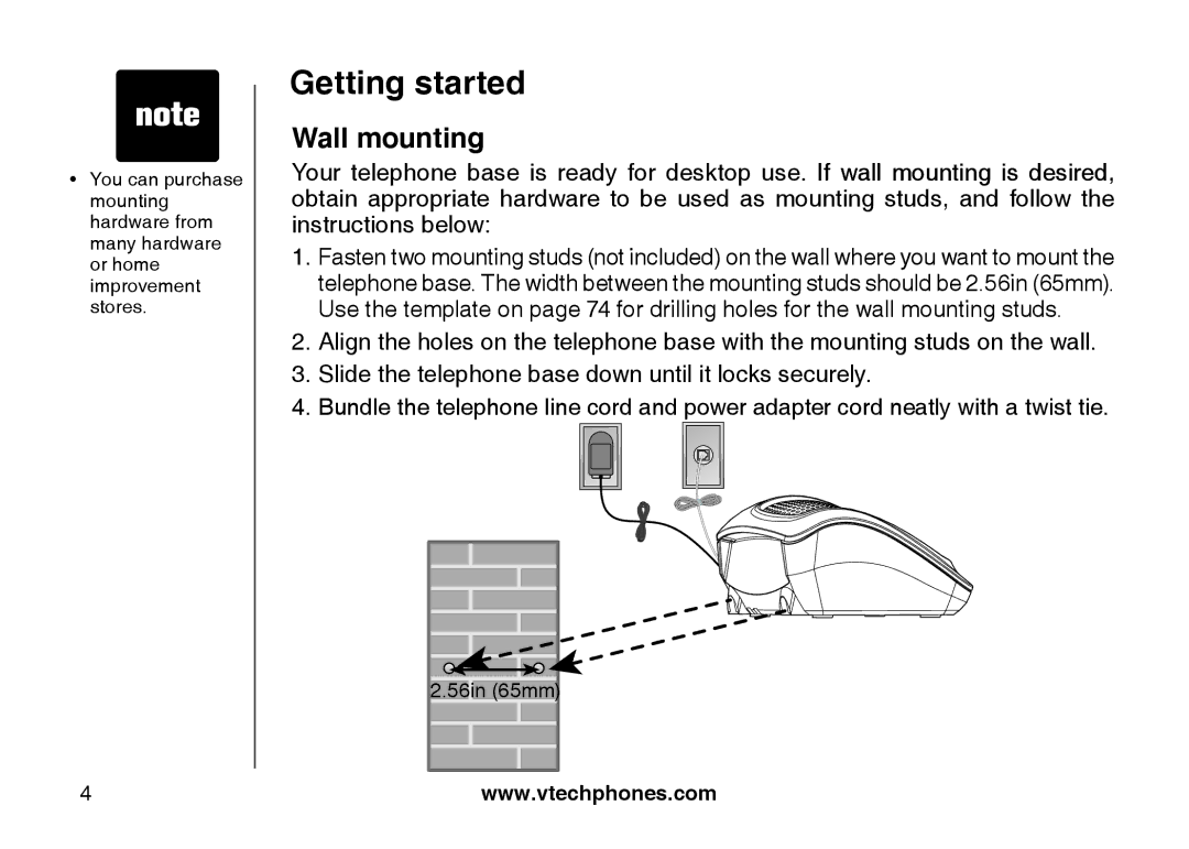 VTech CS6129-31, CS6129-32, CS6128-31, CS6129-2, CS6129-52, CS6129-41, CS6129-54, CS6128-42 user manual Wall mounting 