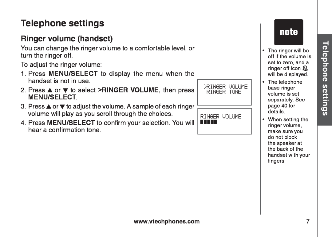 VTech CS6128-31, CS6129-32, CS6129-2, CS6129-52 Telephone settings, Ringer volume handset, Telephone Basicsettingsoperation 