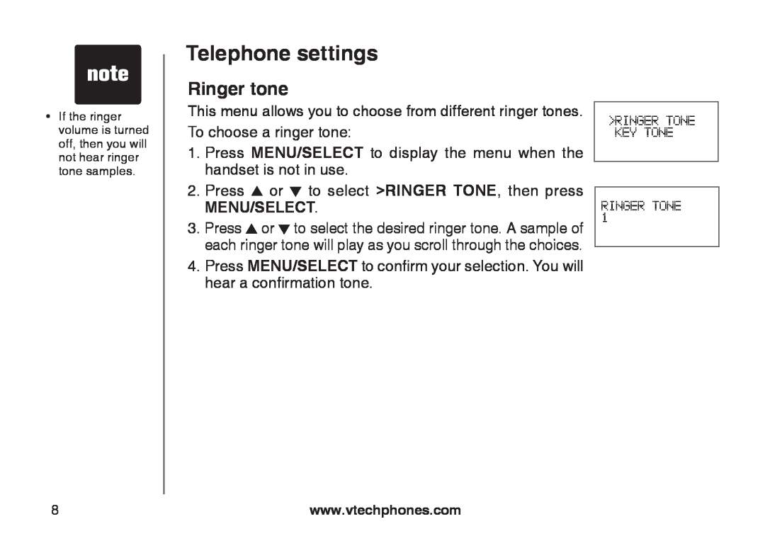VTech CS6129-32, CS6128-31, CS6129-2, CS6129-52 Ringer tone, Telephone settings, Ringer Tone Key Tone Ringer Tone 