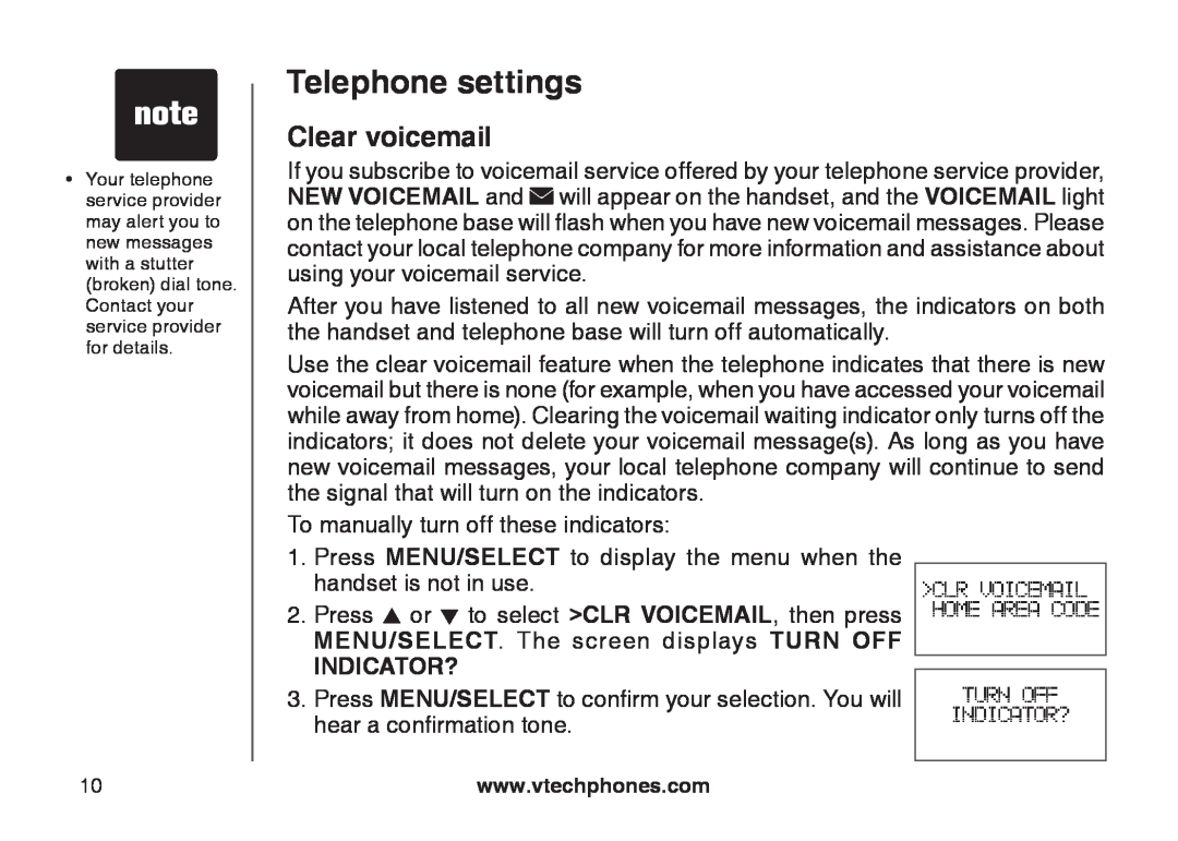 VTech CS6129-52, CS6129-32, CS6128-31, CS6129-2, CS6129-41, CS6129-54 Clear voicemail, Telephone settings, Indicator? 