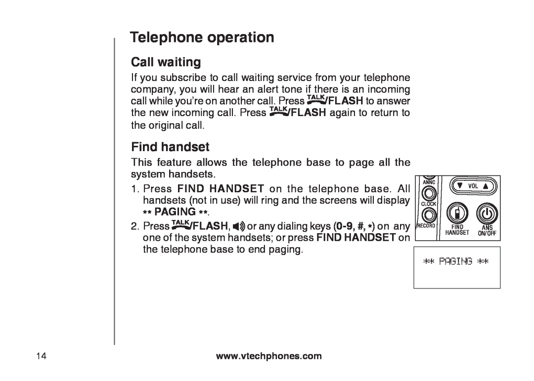 VTech CS6129-31, CS6129-32, CS6128-31, CS6129-2, CS6129-52, CS6129-41 Call waiting, Find handset, Telephone operation, Paging 