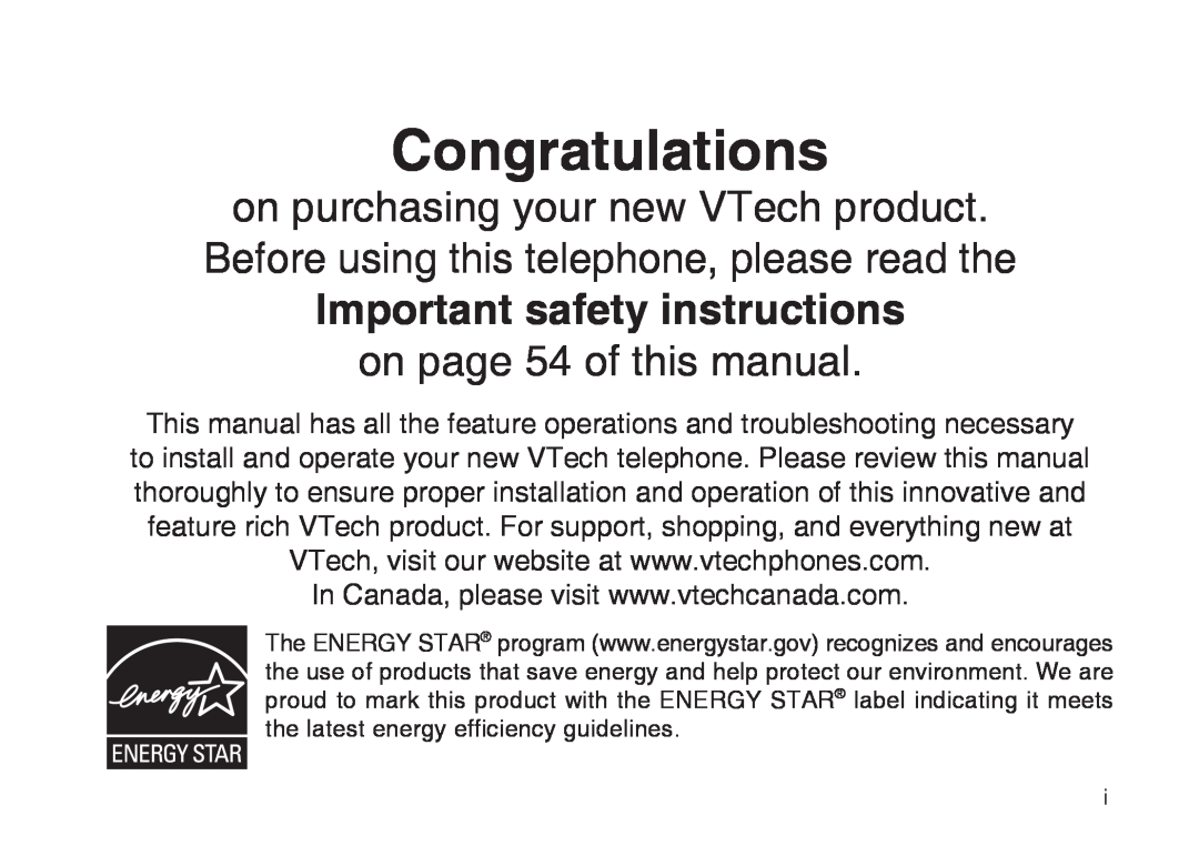 VTech CS6129-32, CS6128-31, CS6129-2, CS6129-52 Congratulations, Important safety instructions, on page 54 of this manual 