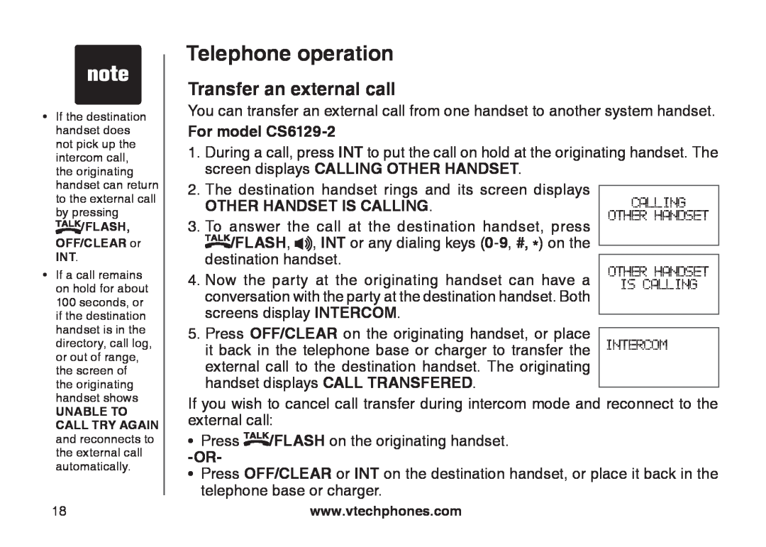 VTech CS6129-32, CS6128-31, CS6129-2, CS6129-52 Transfer an external call, Telephone operation, handset can return 