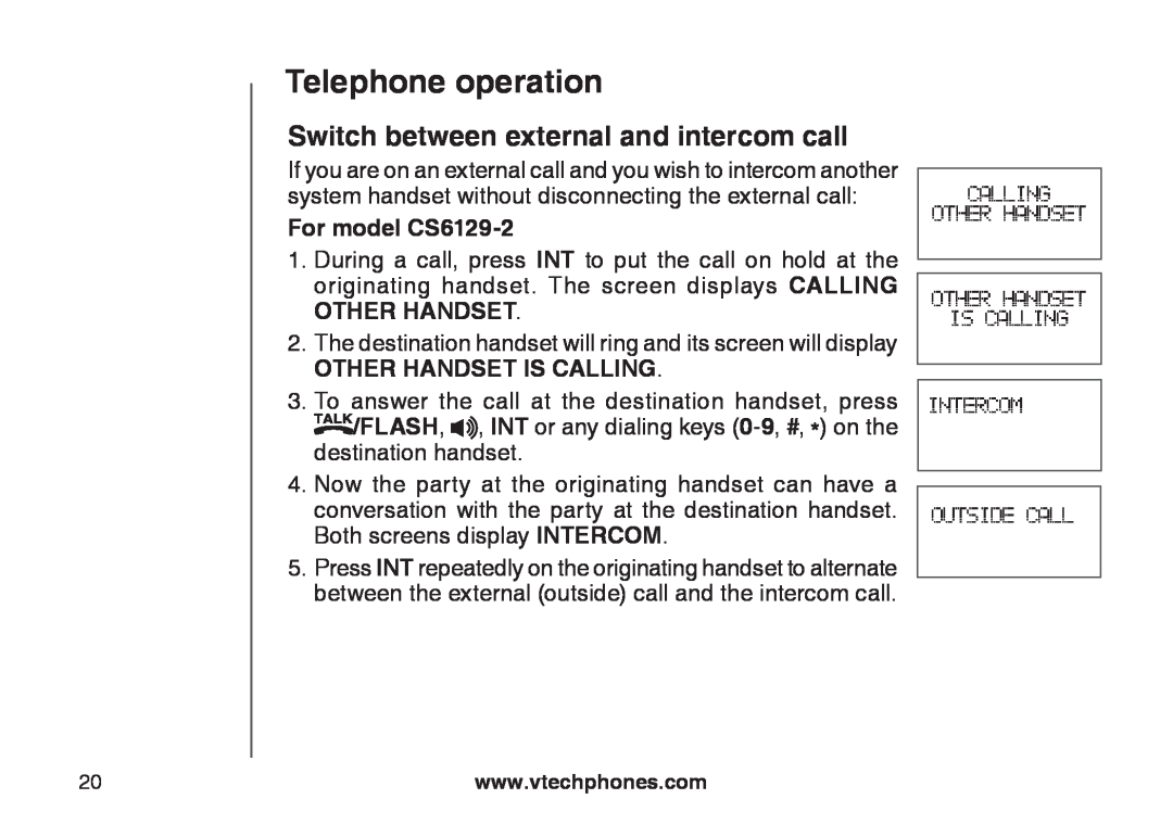 VTech CS6129-52, CS6129-32, CS6128-31, CS6129-2, CS6129-41 Switch between external and intercom call, Telephone operation 