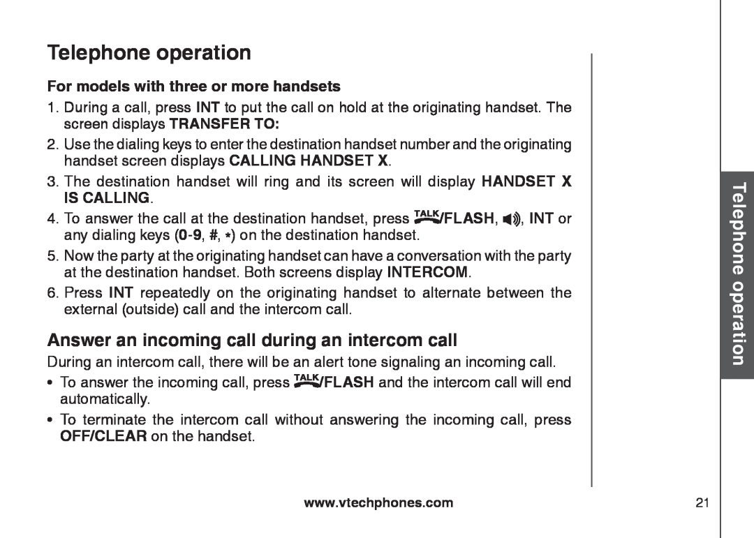 VTech CS6129-41, CS6129-32 Answer an incoming call during an intercom call, Telephone operation, BasicTelephoneoperation 