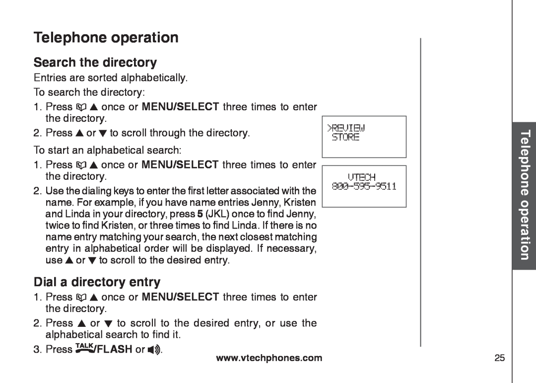 VTech CS6128-42 Search the directory, Dial a directory entry, BasicTelephoneoperation, Telephone operation, FLASH or 