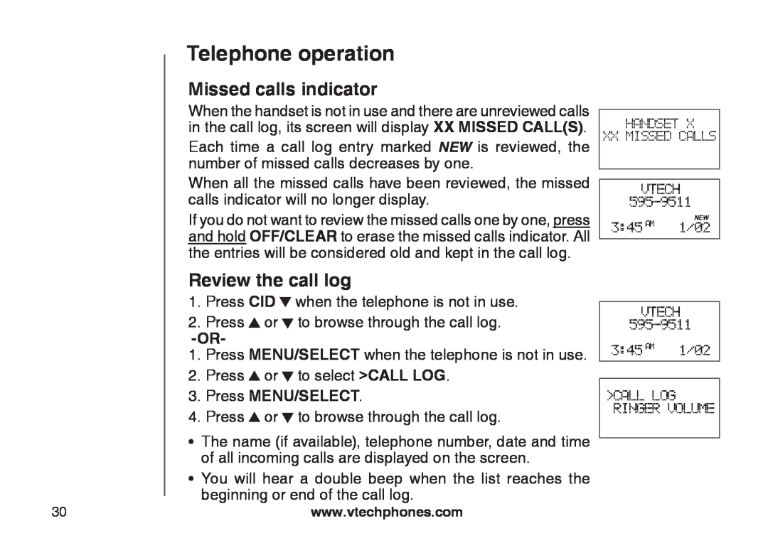 VTech CS6129-52, CS6129-32, CS6128-31, CS6129-2, CS6129-41 Missed calls indicator, Review the call log, Telephone operation 