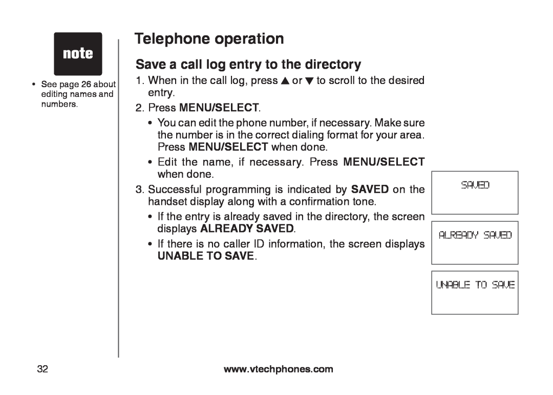 VTech CS6129-4, CS6129-32 Save a call log entry to the directory, Telephone operation, Press MENU/SELECT, Unable To Save 