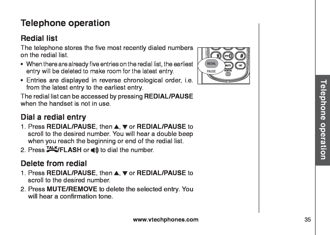 VTech CS6128-42 Redial list, Dial a redial entry, Delete from redial, Telephone operation, BasicTelephoneoperation 