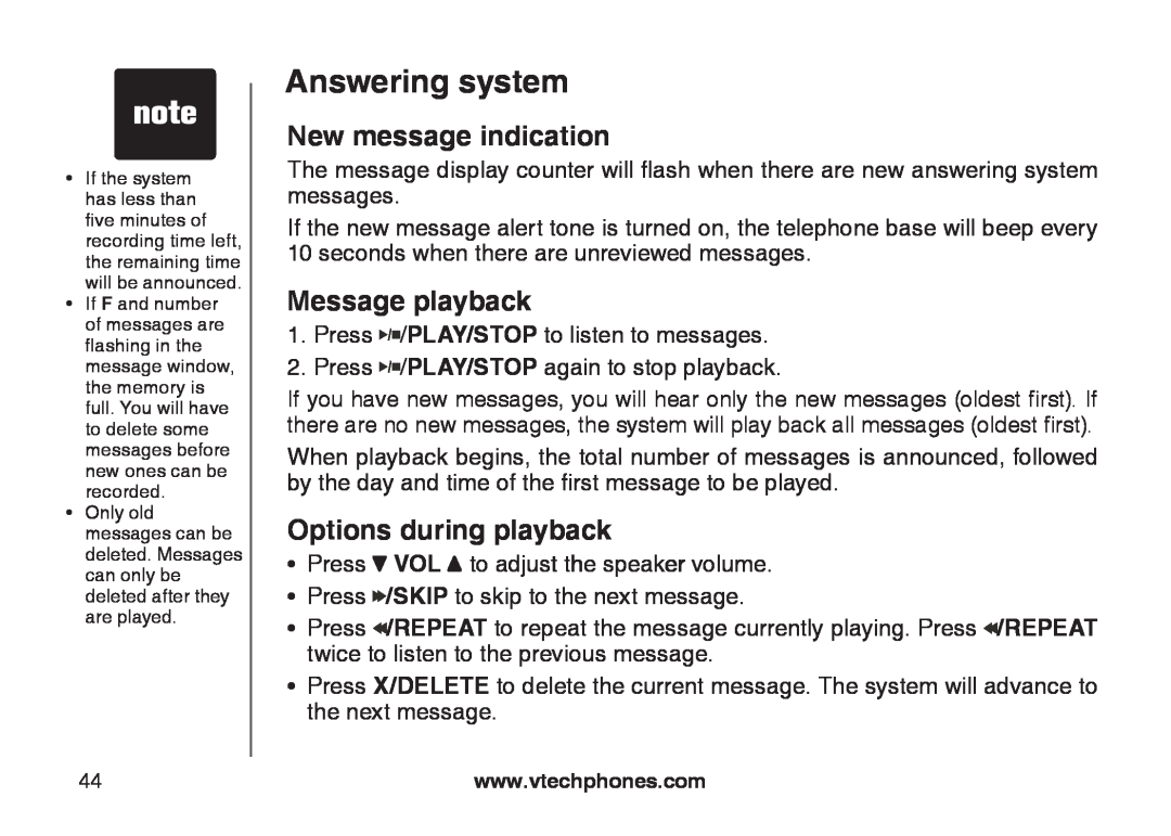 VTech CS6129-31, CS6129-32, CS6128-31 New message indication, Message playback, Options during playback, Answering system 