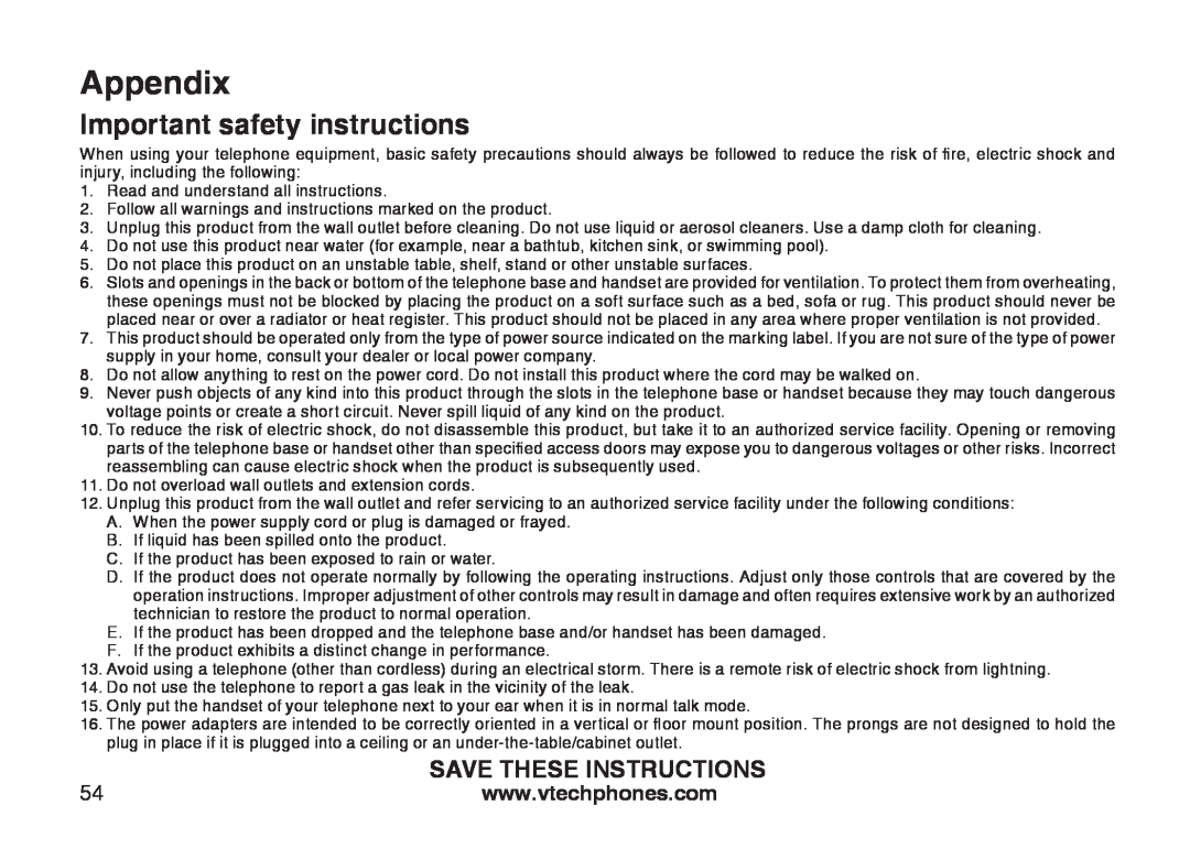 VTech CS6129-31, CS6129-32, CS6128-31, CS6129-2, CS6129-52 Important safety instructions, Appendix, Save These Instructions 