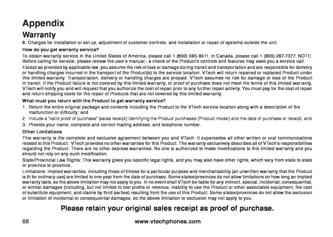 VTech CS6129-3 Appendix, Warranty, Please retain your original sales receipt as proof of purchase, Other Limitations 