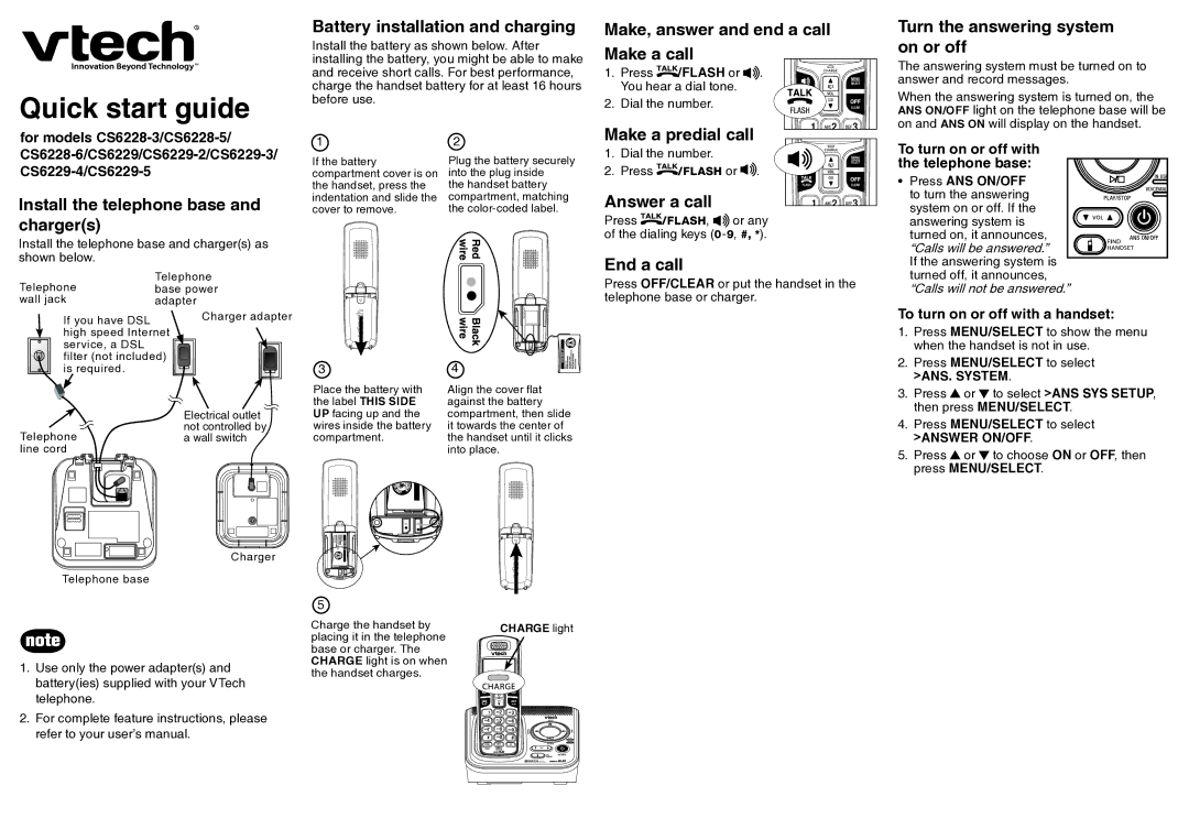 VTech CS6228-5 quick start Battery installation and charging, Make, answer and end a call Make a call, Make a predial call 