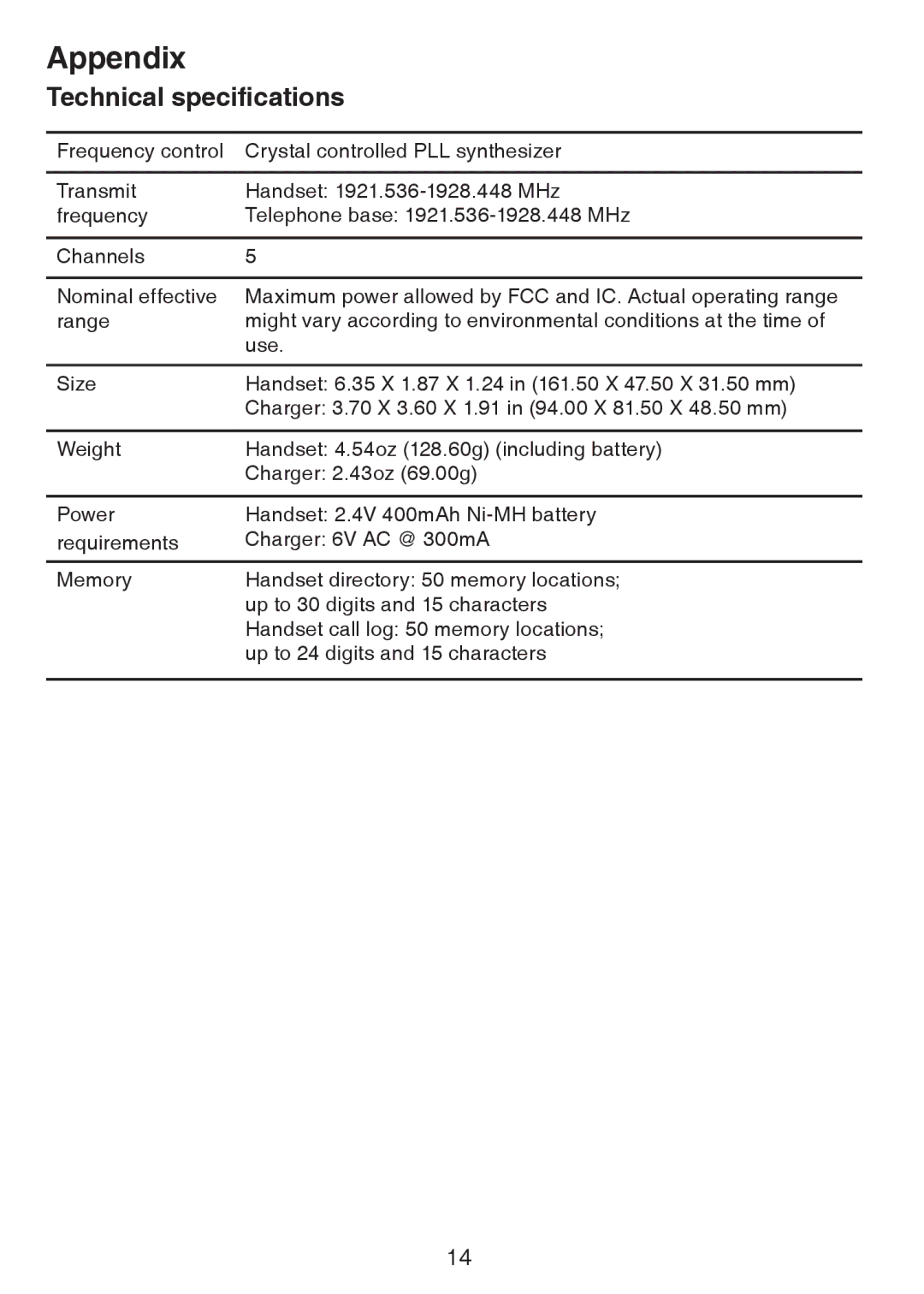 VTech CS6229-2, CS6229-3, CS6219-2, CS6219-4, CS6228-6, CS6219-3, CS6228-3, CS6229-4, CS6229-5 user manual Technical specifications 