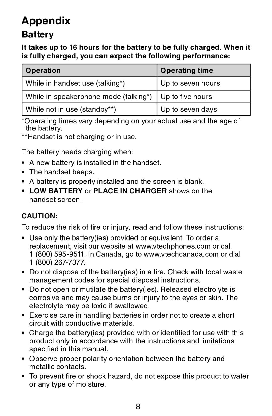 VTech CS6309 user manual Operation Operating time, LOW Battery or Place in Charger shows on the handset screen 