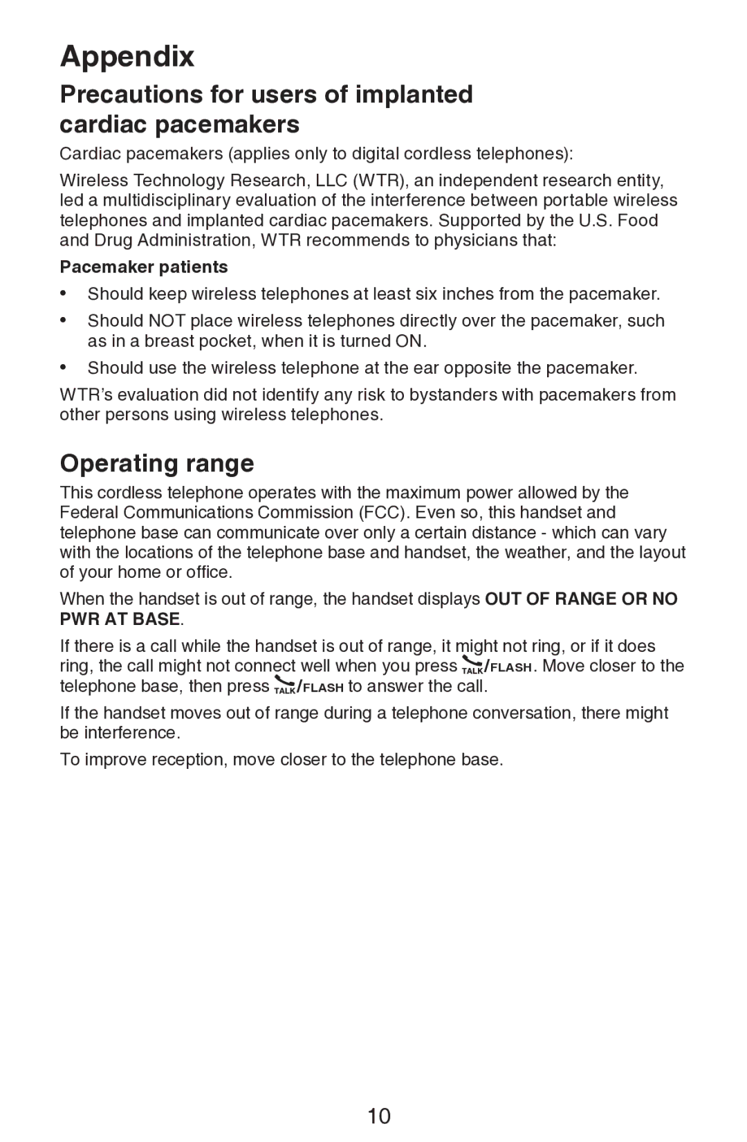 VTech CS6309 user manual Precautions for users of implanted cardiac pacemakers, Operating range, Pacemaker patients 