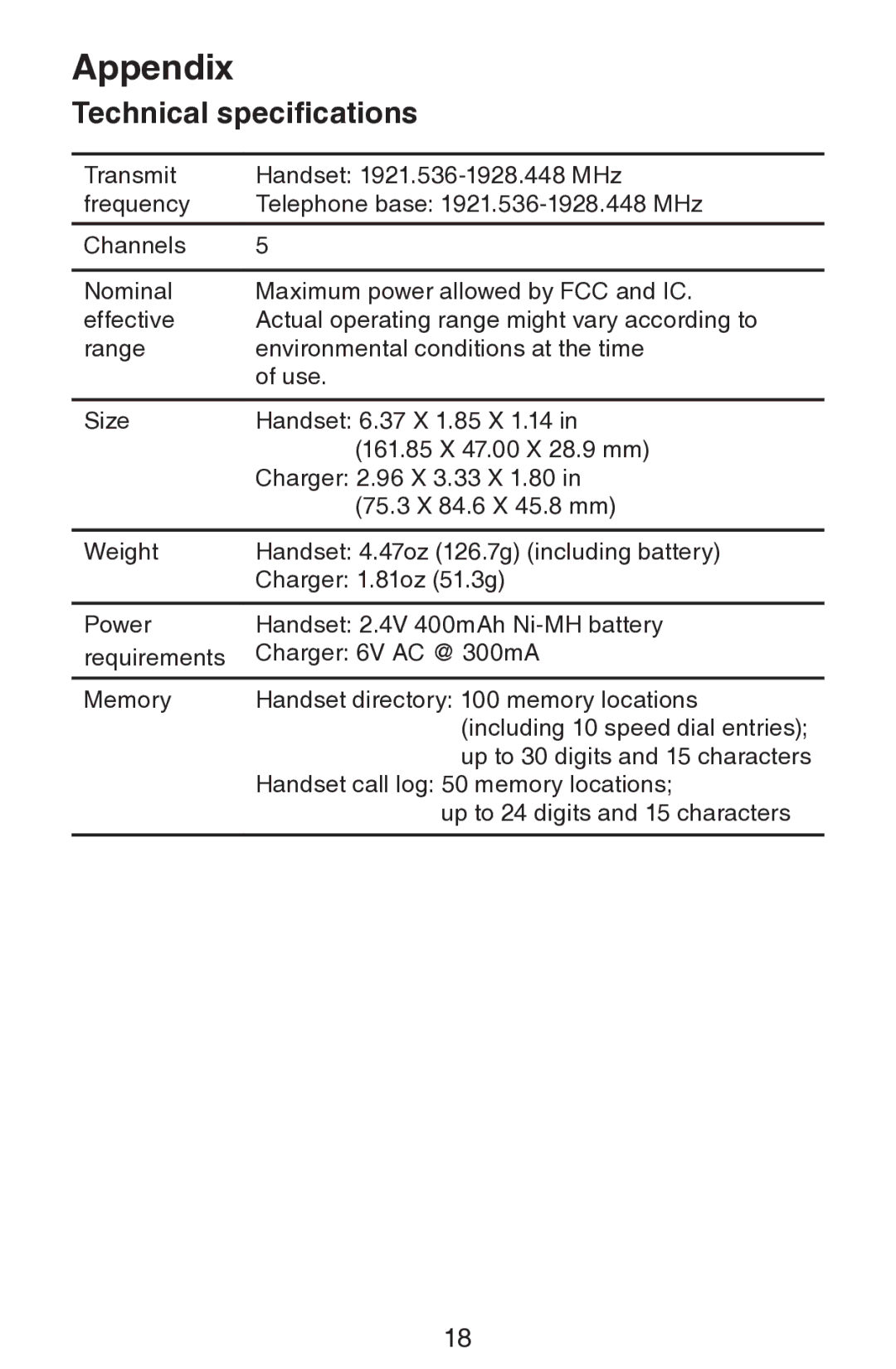 VTech CS6309 user manual Technical specifications 