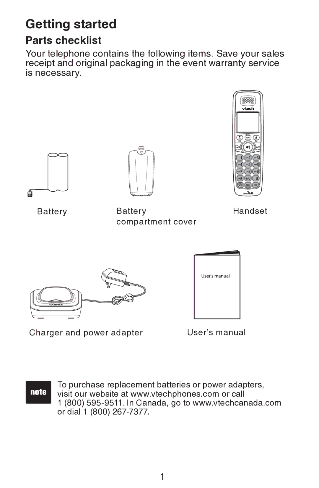 VTech CS6309 user manual Getting started, Parts checklist 