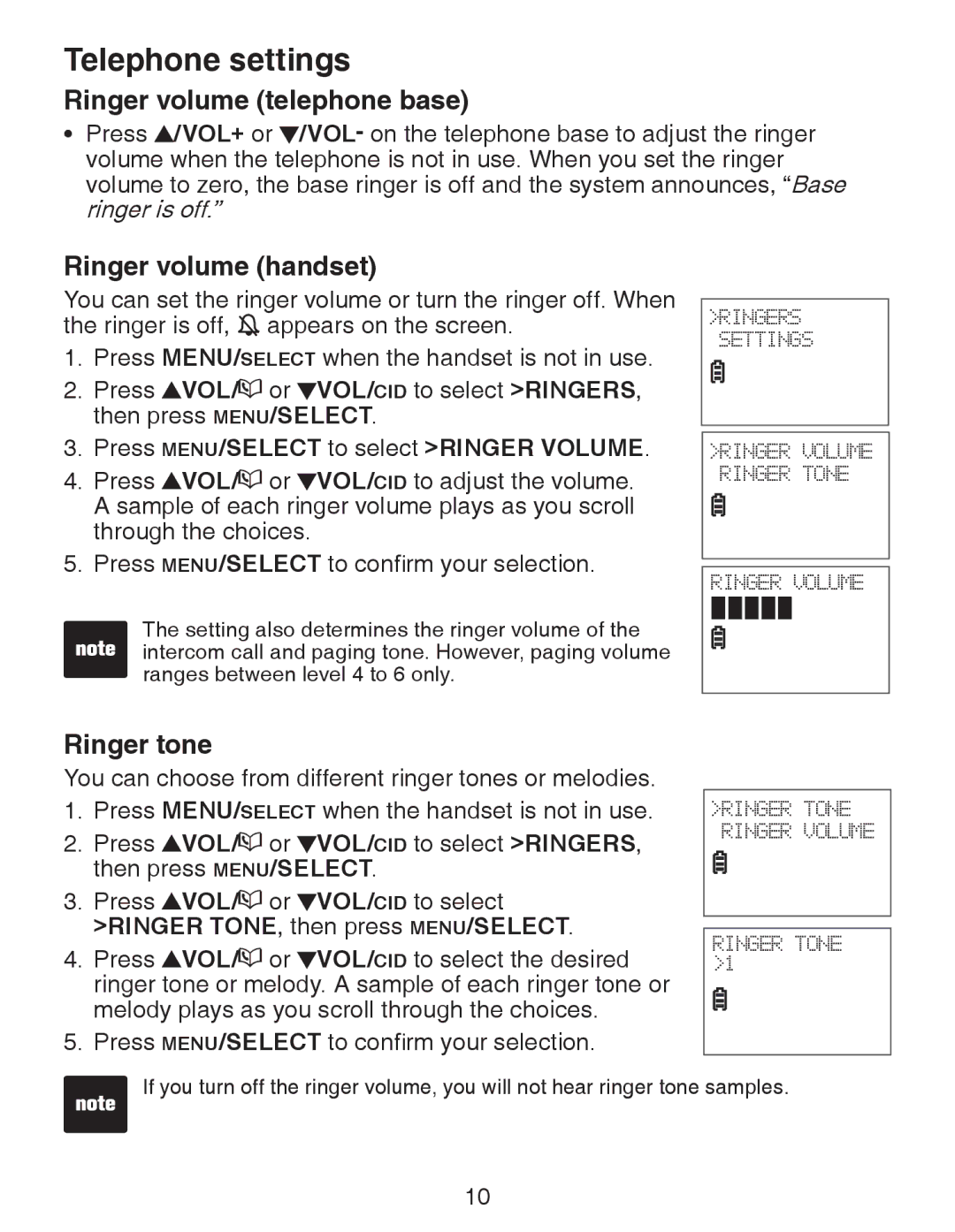 VTech CS6329-5, CS6329-4, CS6328-5 Telephone settings, Ringer volume telephone base, Ringer volume handset, Ringer tone 